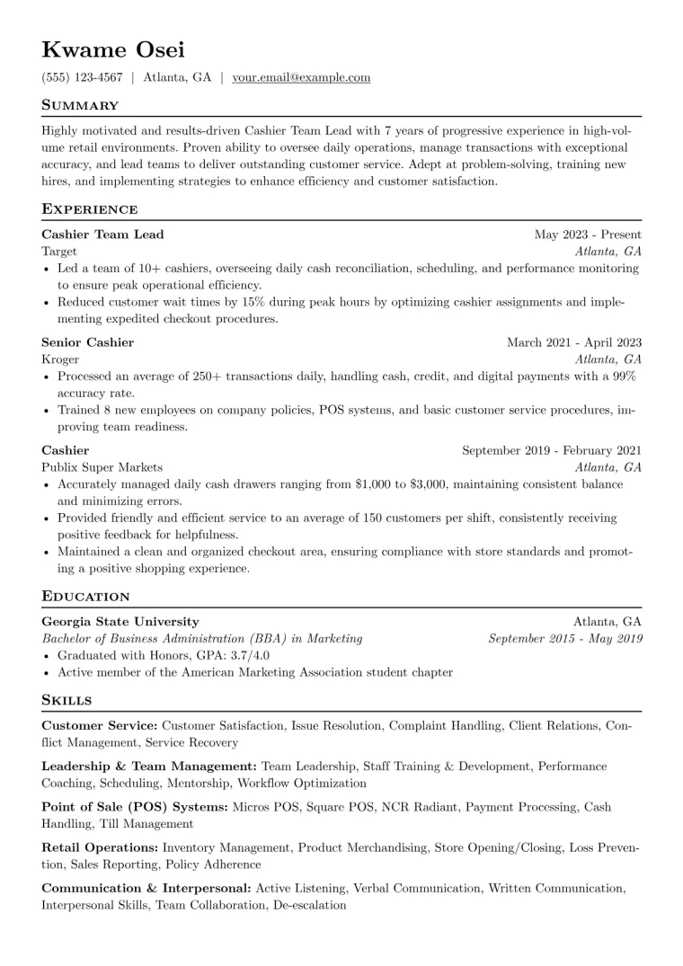 Cashier Team Lead Resume Example CV template preview