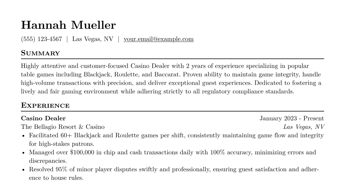 Casino Dealer Resume Examples + Free Template (2026)
