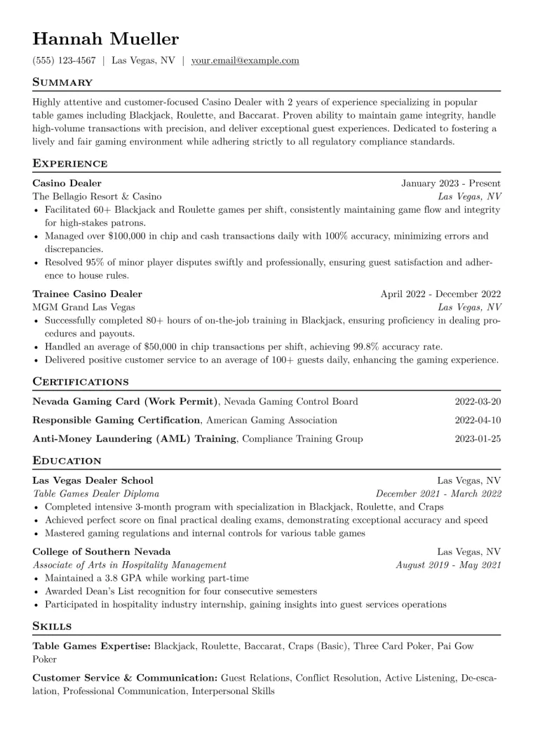 Casino Dealer Resume Example CV template preview