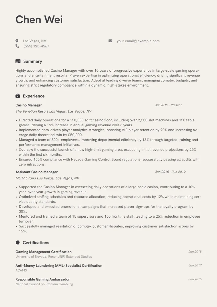 Casino Manager Resume Example CV template preview