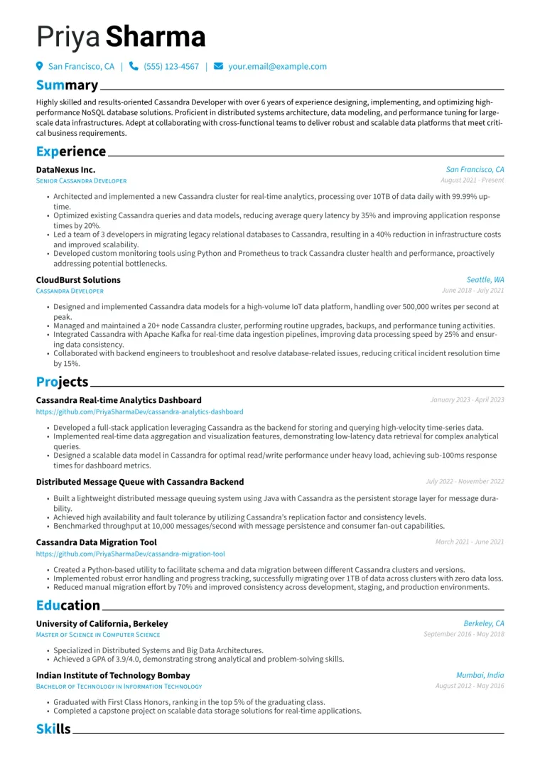 Cassandra Developer Resume Example CV template preview