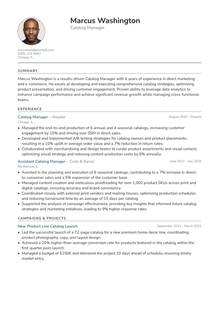 Catalog Manager Resume Example CV template preview