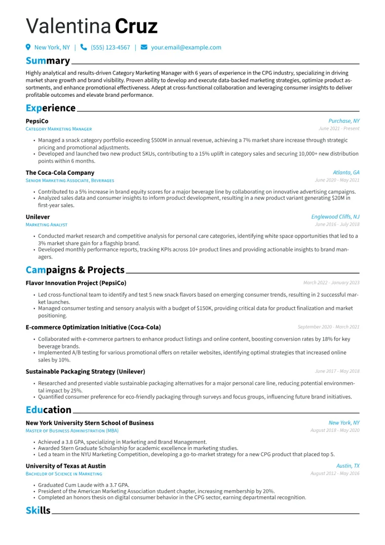 Category Marketing Manager Resume Example CV template preview