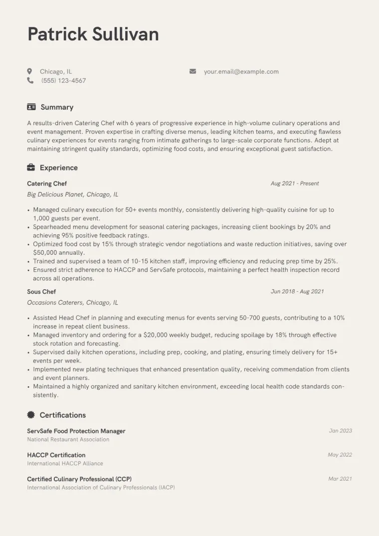 Catering Chef Resume Example CV template preview