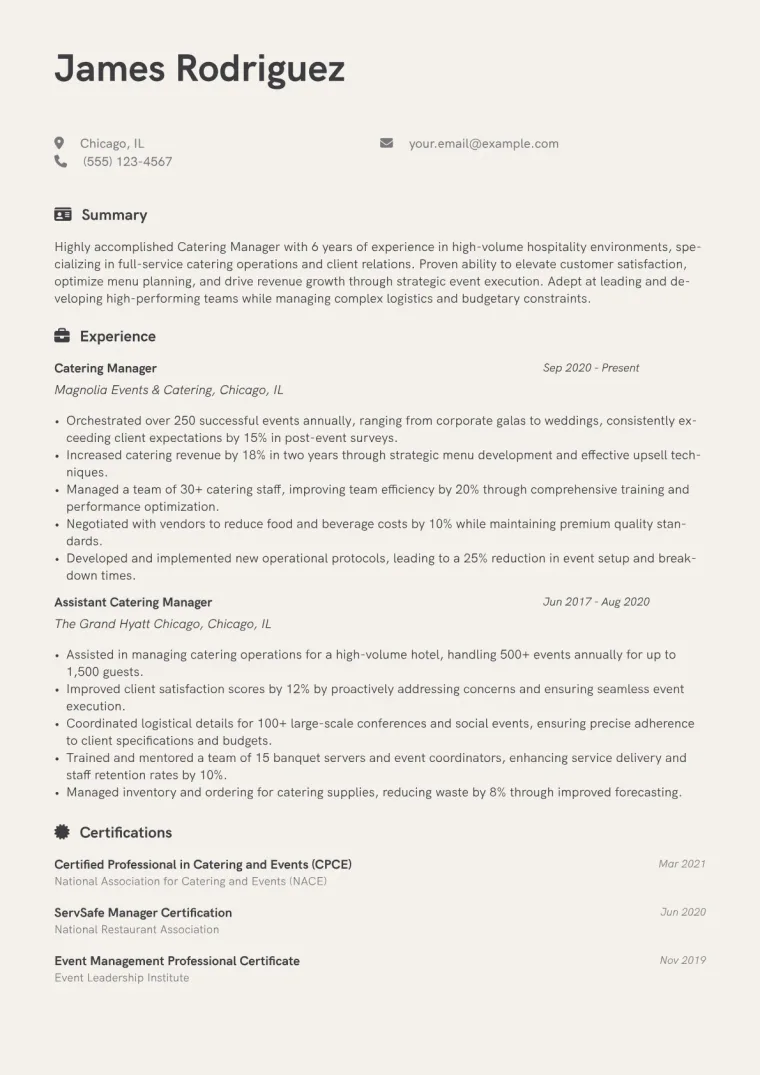 Catering Manager Resume Example CV template preview