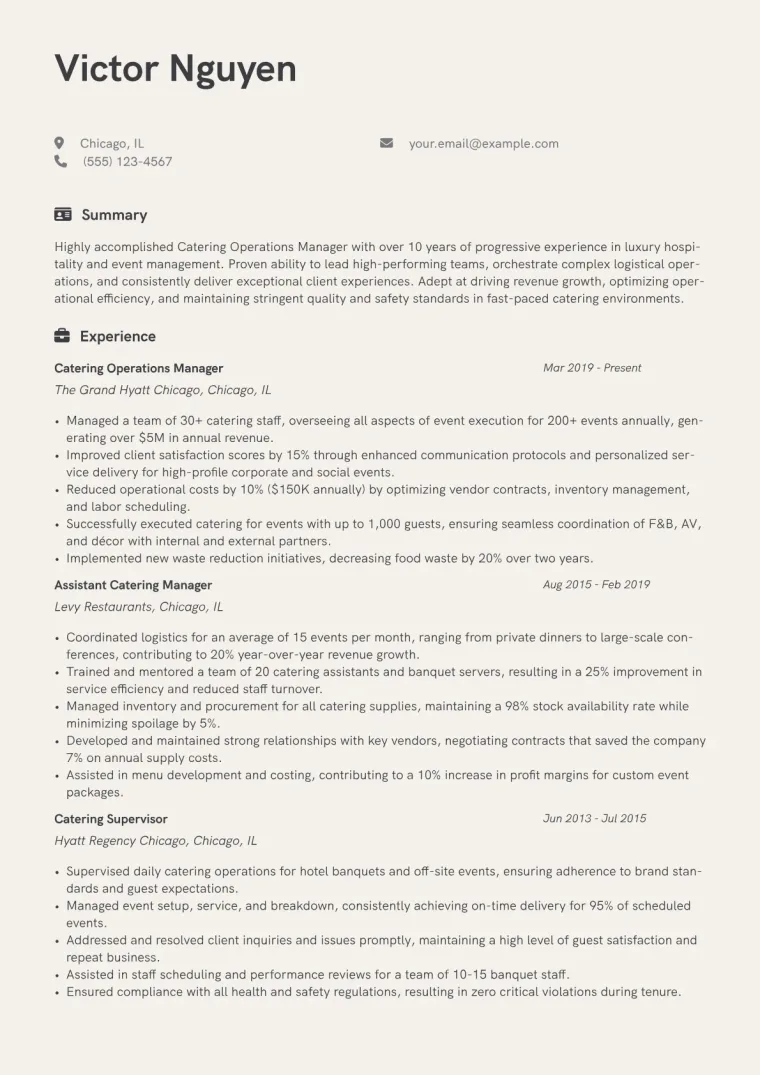 Catering Operations Manager Resume Example CV template preview