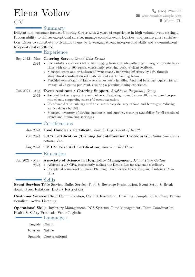 Catering Server Resume Example CV template preview