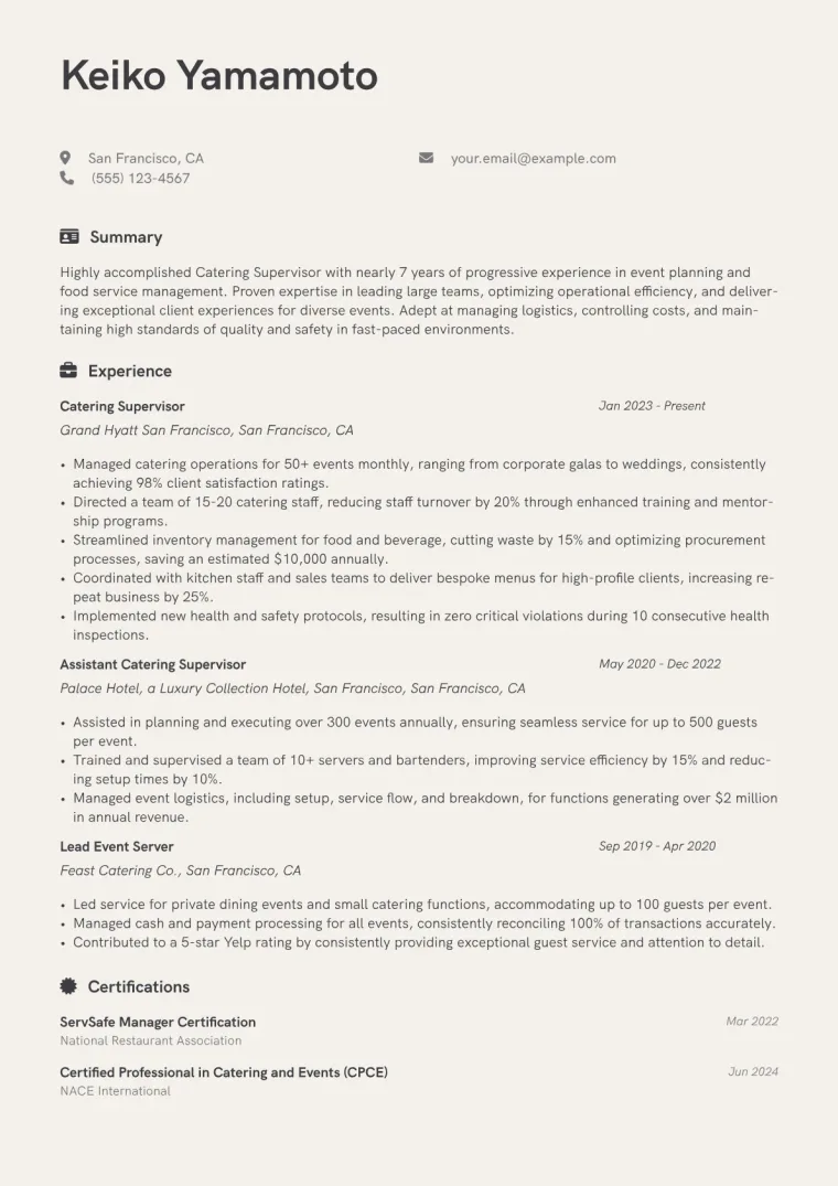 Catering Supervisor Resume Example CV template preview