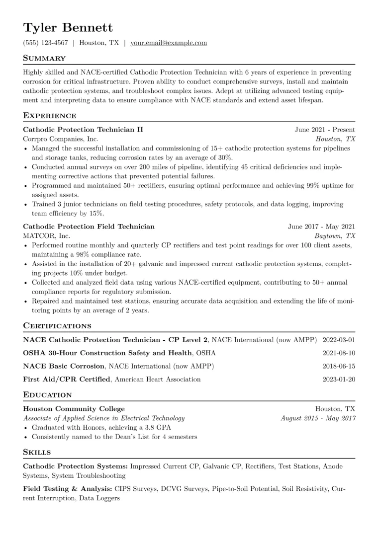 Cathodic Protection Technician Resume Example CV template preview