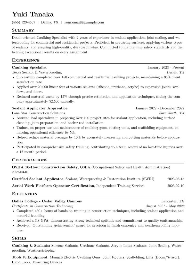 Caulking Specialist Resume Example CV template preview