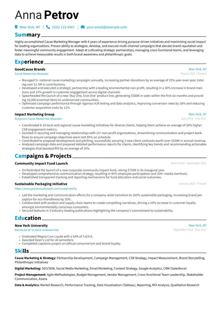 Cause Marketing Manager Resume Example CV template preview