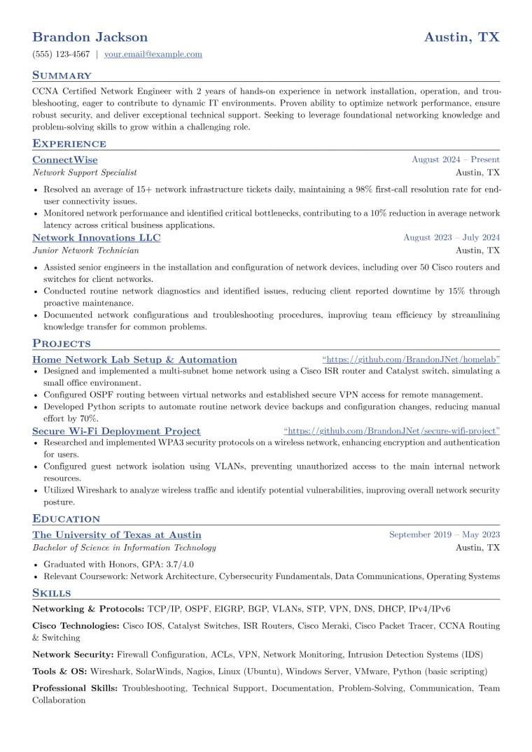 CCNA Certified Network Engineer Resume Example CV template preview