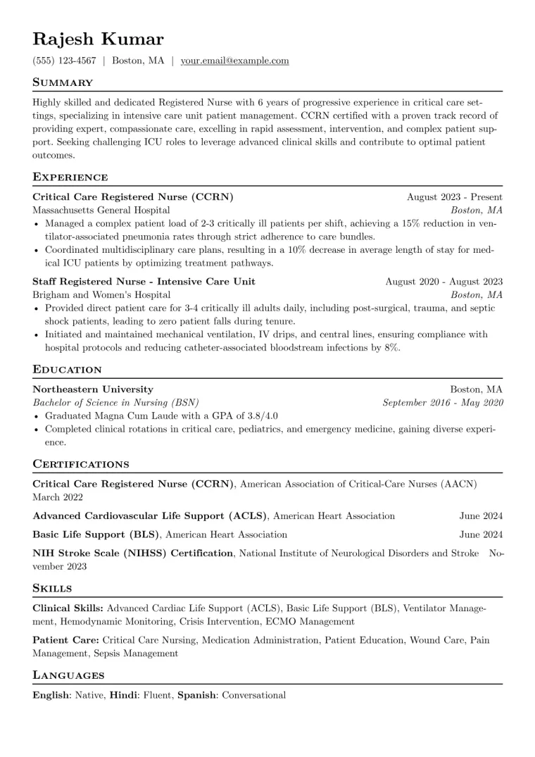 CCRN Certified Nurse Resume Example preview