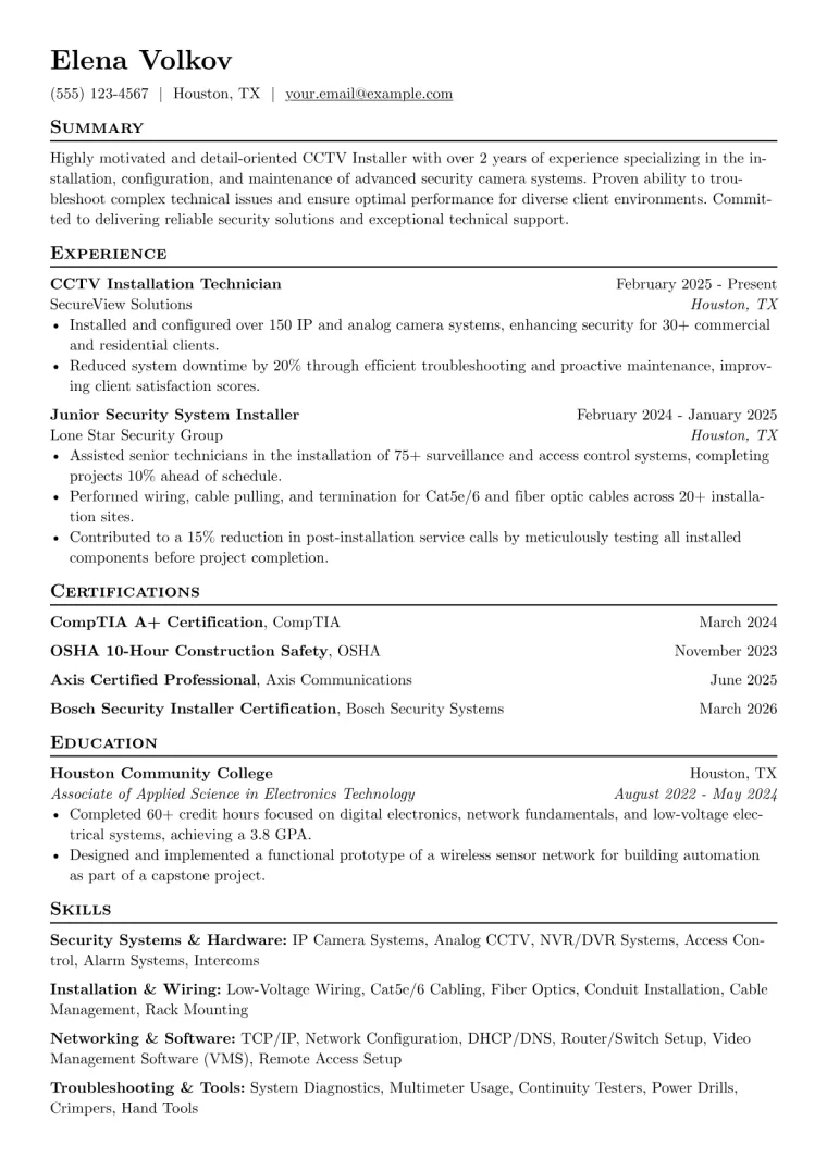 CCTV Installer Resume Example CV template preview
