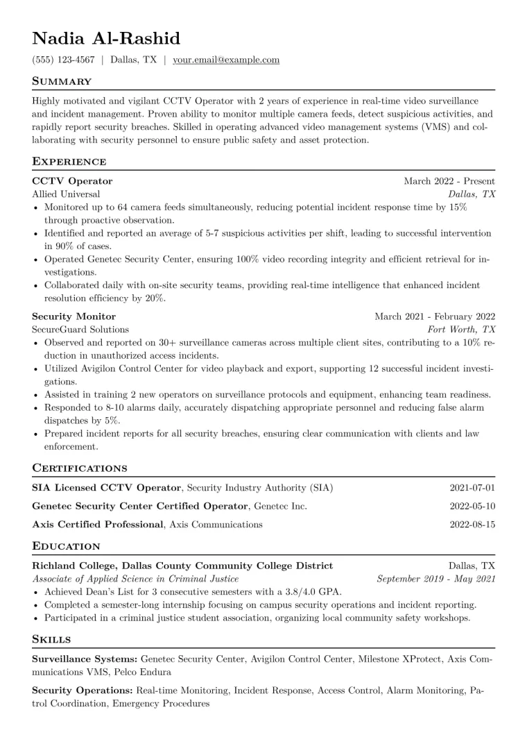 CCTV Operator Resume Example CV template preview