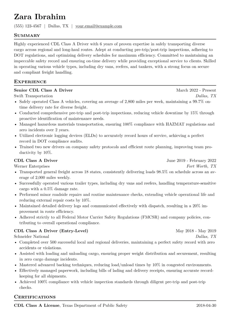 CDL Class A Driver Resume Example CV template preview
