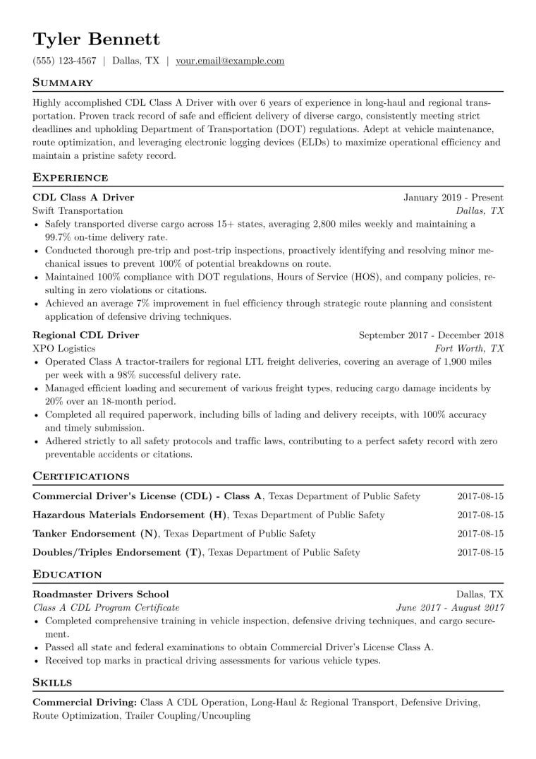CDL Driver Resume Example CV template preview