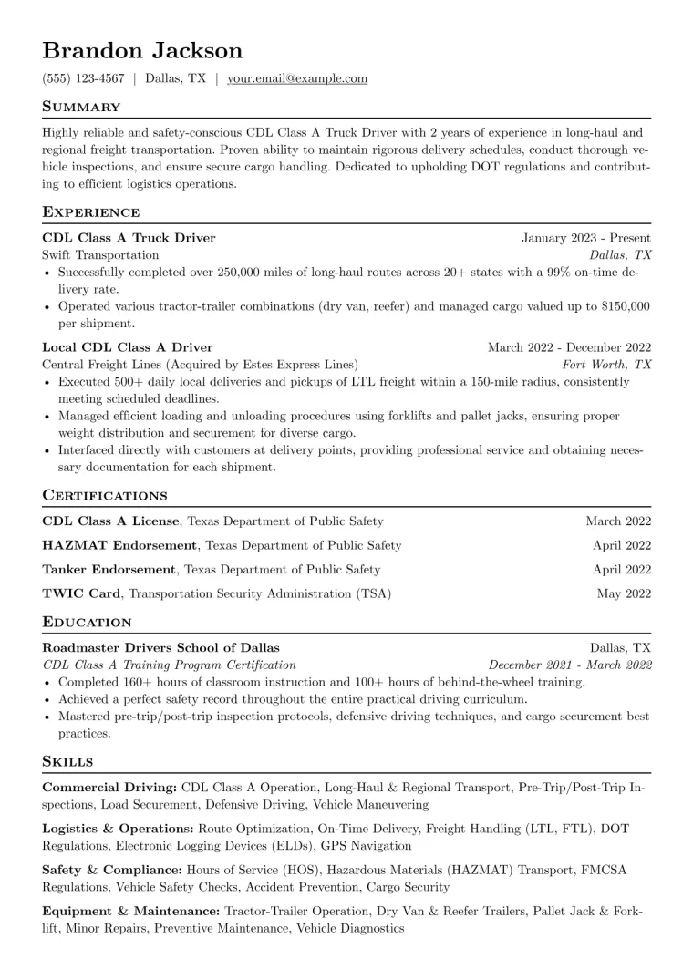CDL Truck Driver Resume Example CV template preview