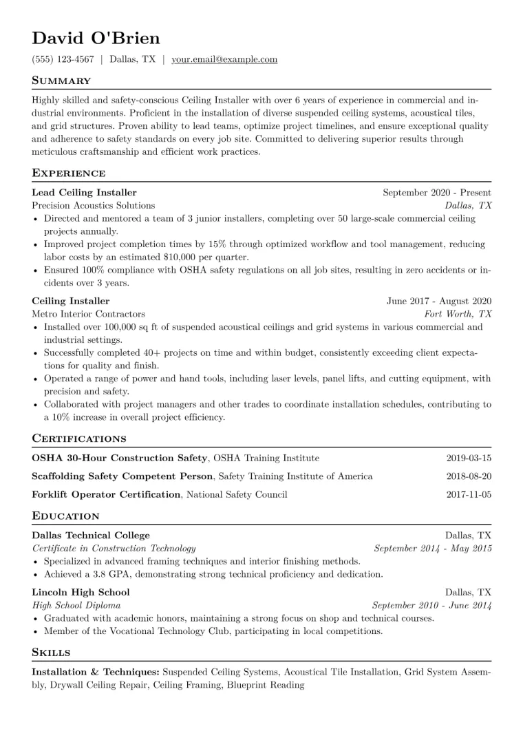 Ceiling Installer Resume Example CV template preview