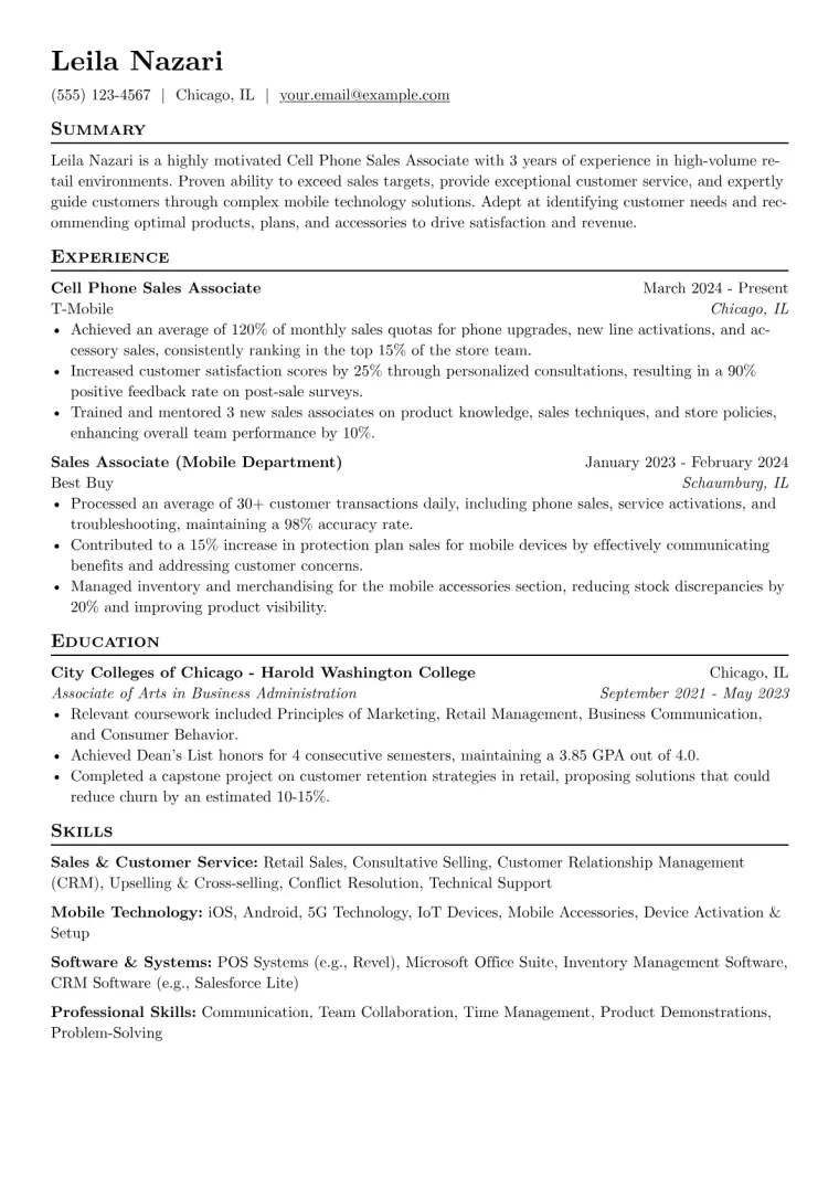 Cell Phone Sales Associate Resume Example CV template preview
