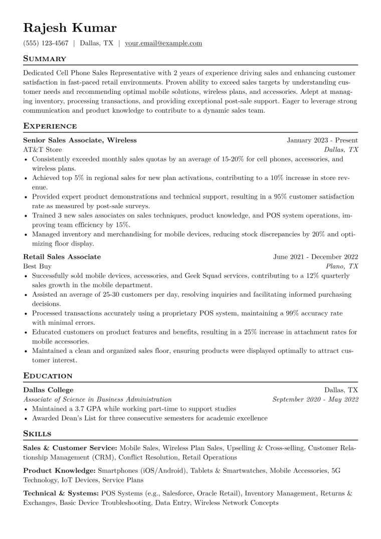 Cell Phone Sales Representative Resume Example CV template preview