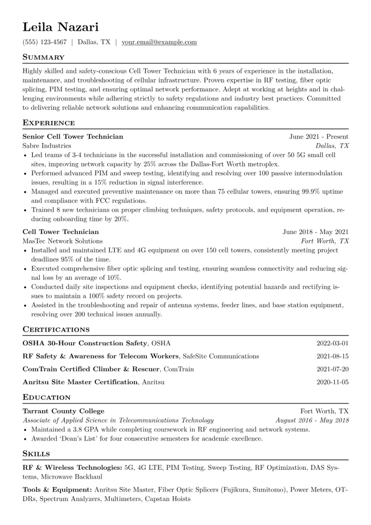 Cell Tower Technician Resume Example CV template preview