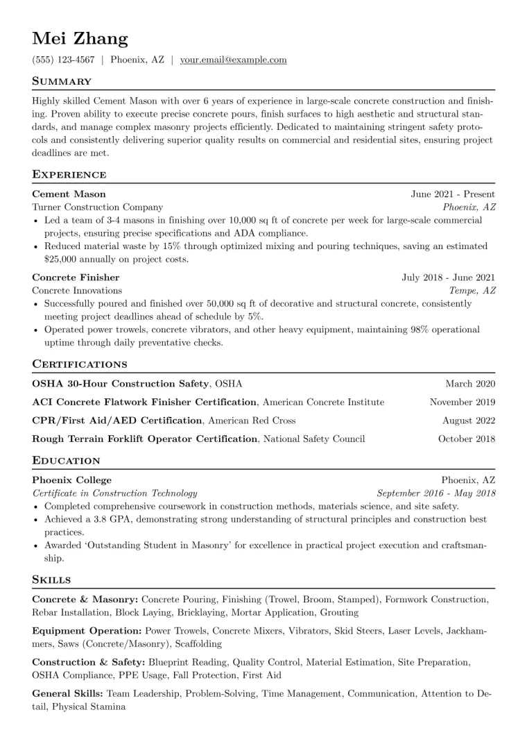 Cement Mason Resume Example CV template preview