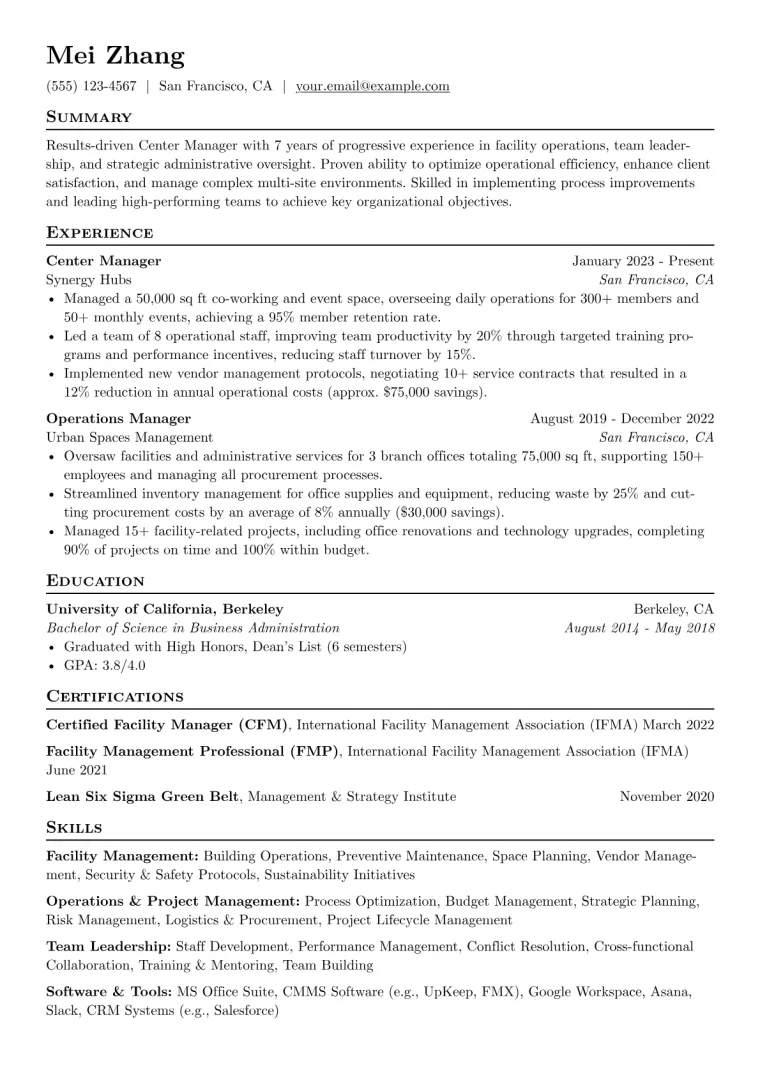 Center Manager Resume Example CV template preview