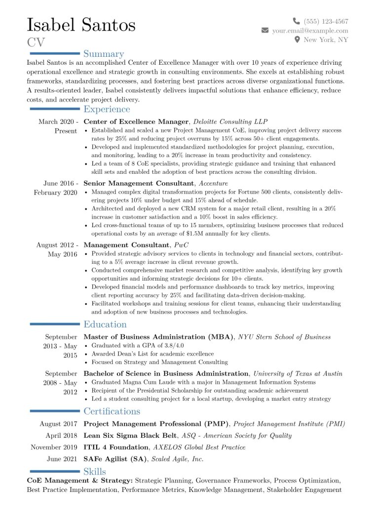 Center of Excellence Manager Resume Example CV template preview