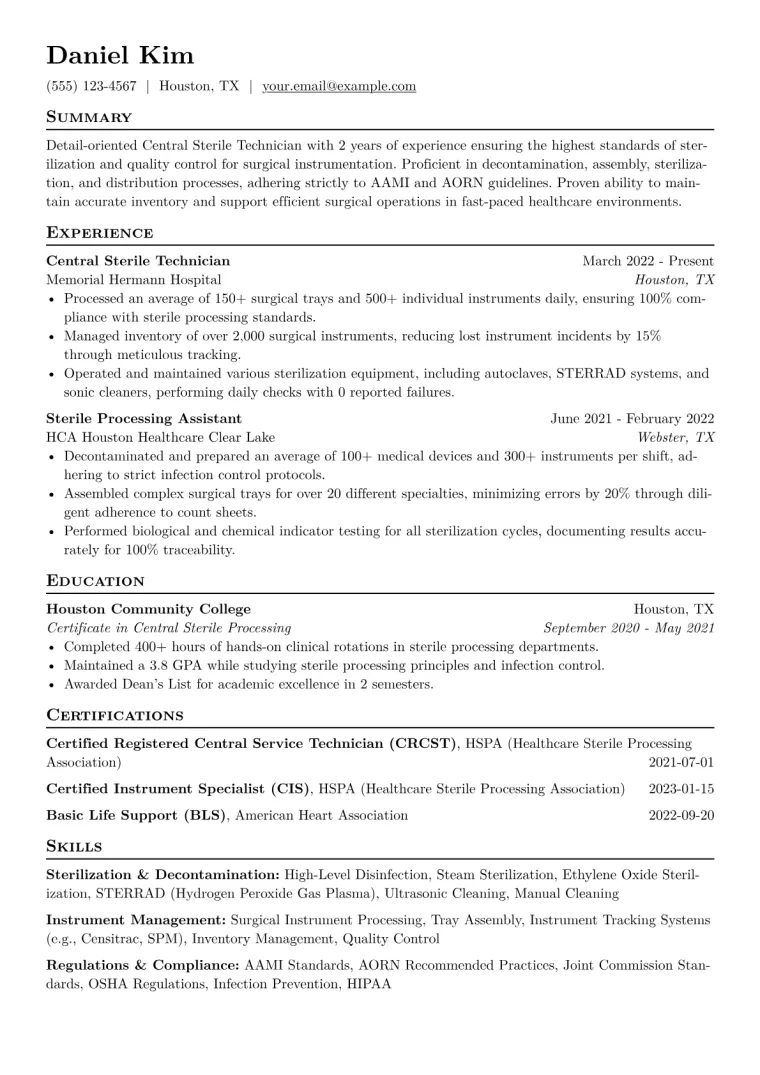 Central Sterile Technician Resume Example CV template preview