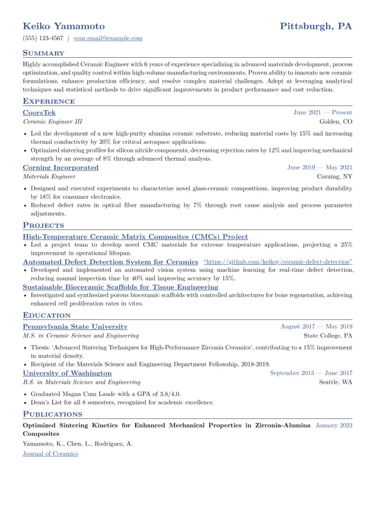 Ceramic Engineer Resume Example CV template preview