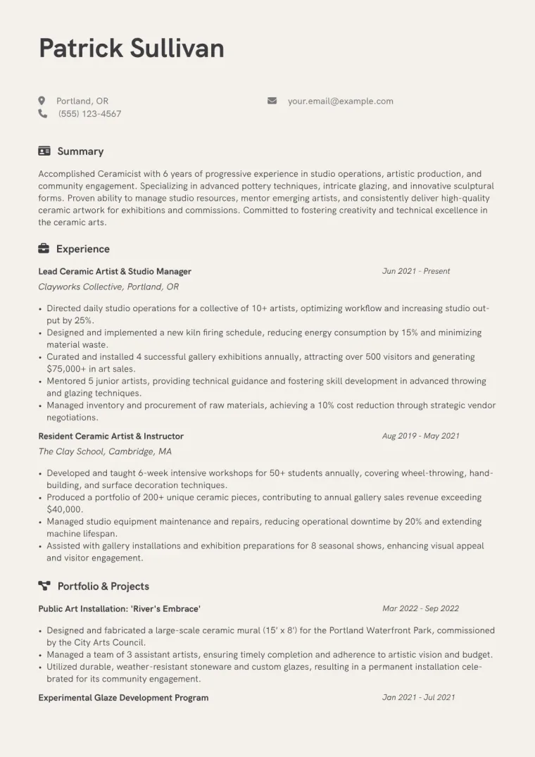 Ceramicist Resume Example CV template preview