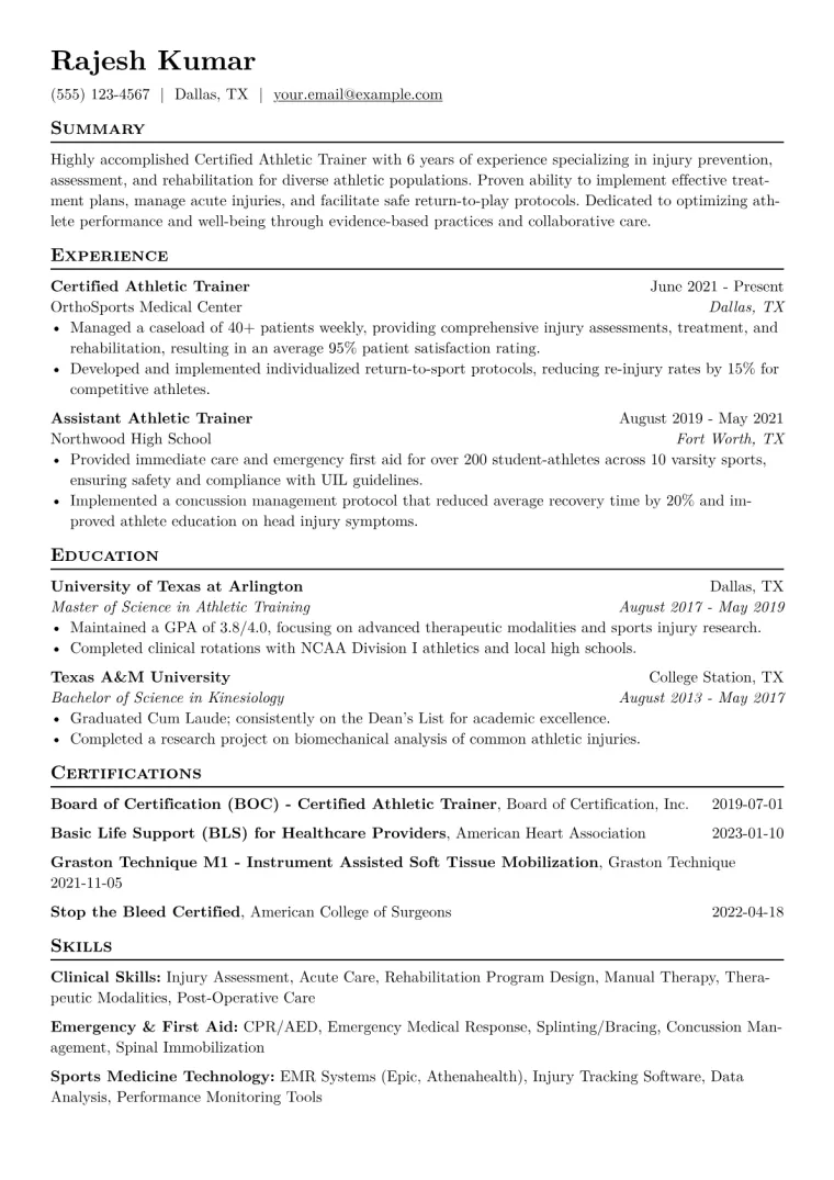 Certified Athletic Trainer Resume Example CV template preview
