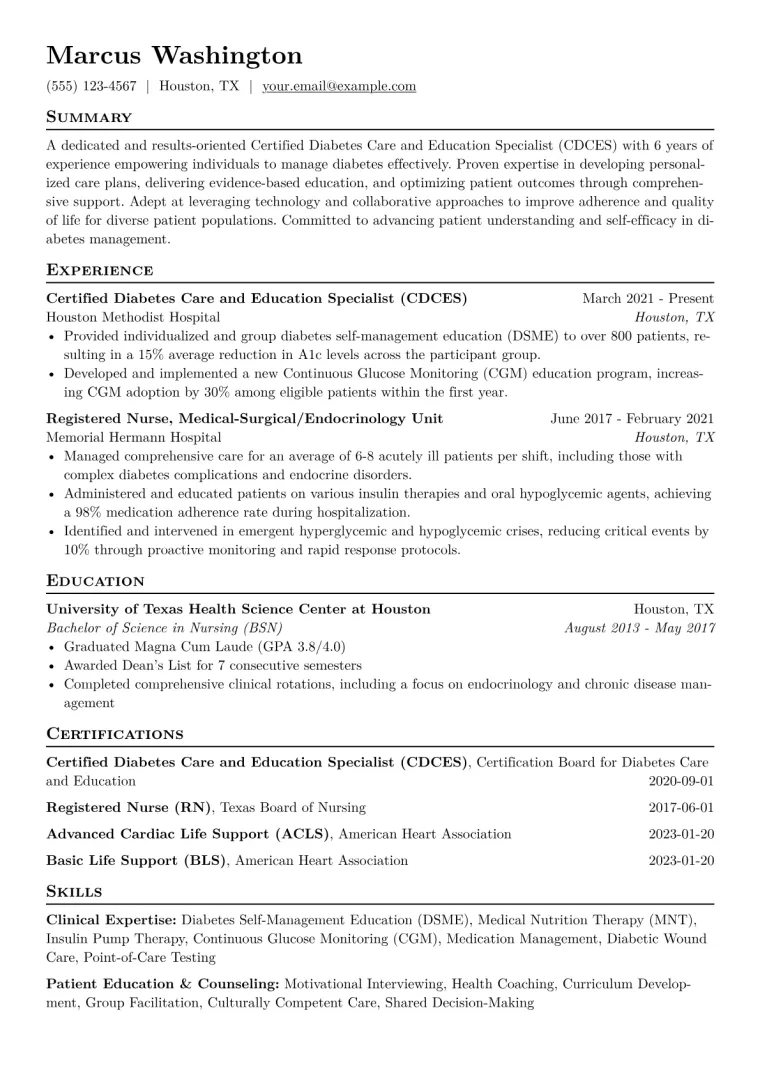 Certified Diabetes Care Specialist Resume Example CV template preview
