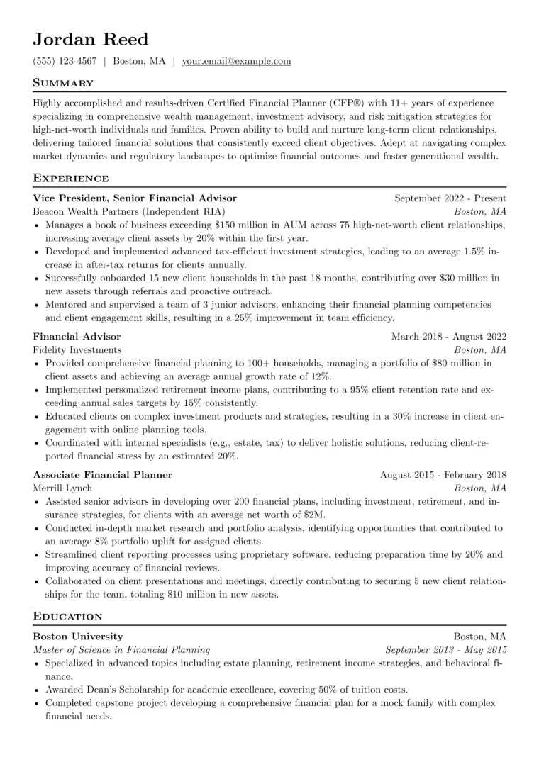 Certified Financial Planner Resume Example CV template preview