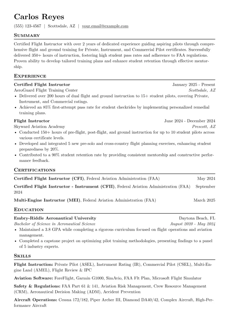 Certified Flight Instructor Resume Example CV template preview