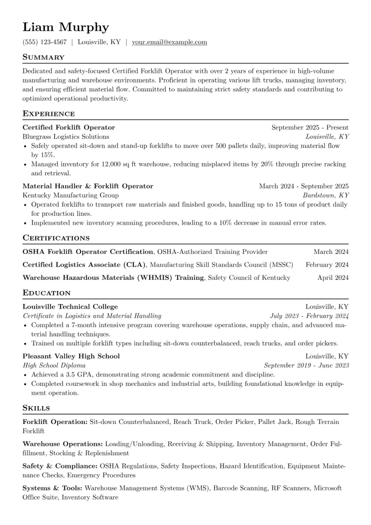 Certified Forklift Operator Resume Example CV template preview