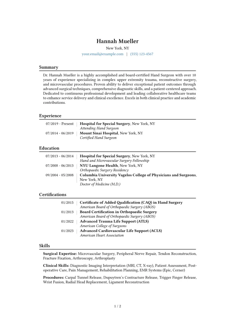 Certified Hand Surgeon Resume Example CV template preview