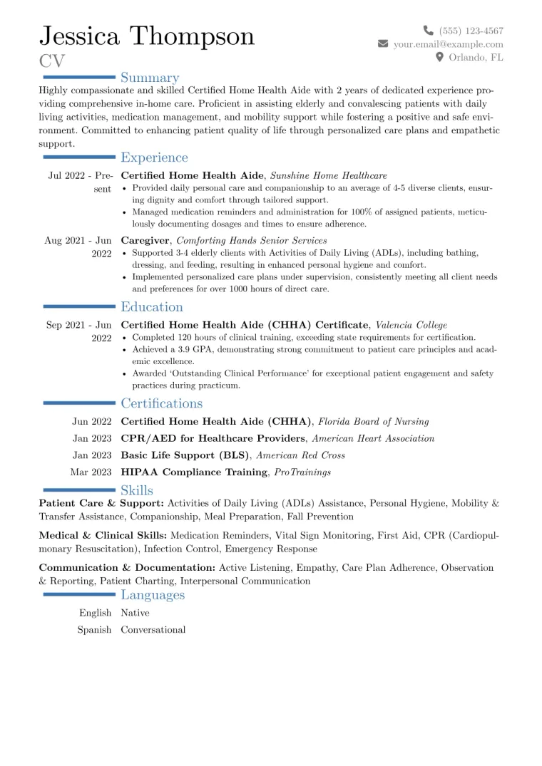Certified Home Health Aide Resume Example CV template preview
