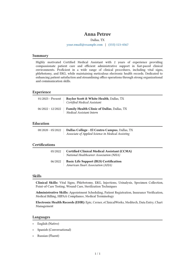 Certified Medical Assistant Resume Example CV template preview