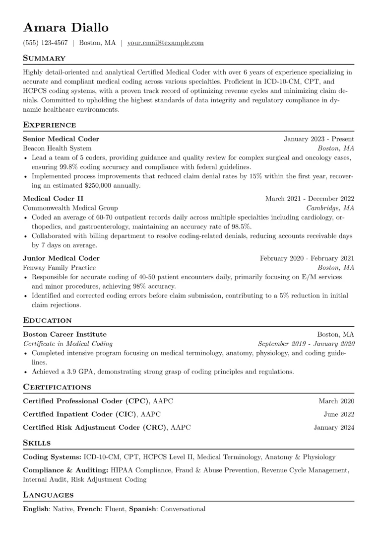 Certified Medical Coder Resume Example CV template preview