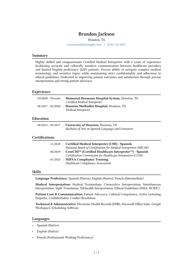 Certified Medical Interpreter Resume Example CV template preview
