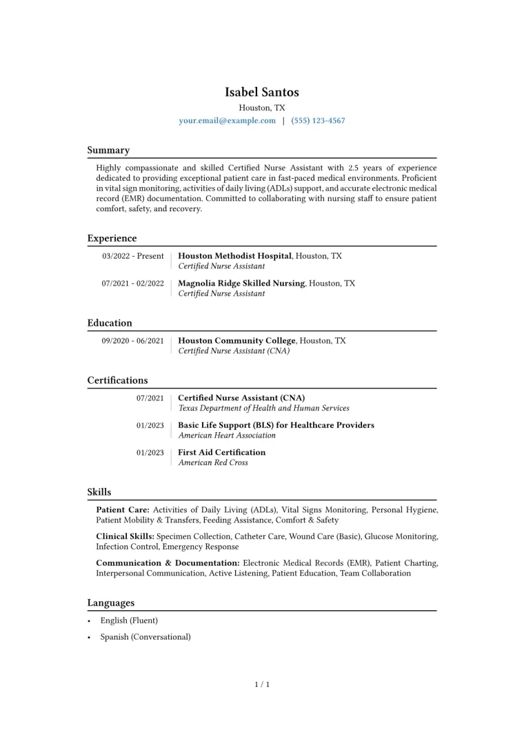 Certified Nurse Assistant Resume Example CV template preview
