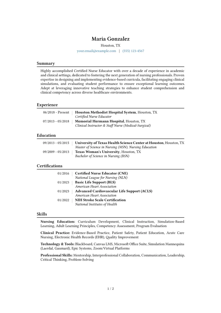 Certified Nurse Educator Resume Example CV template preview
