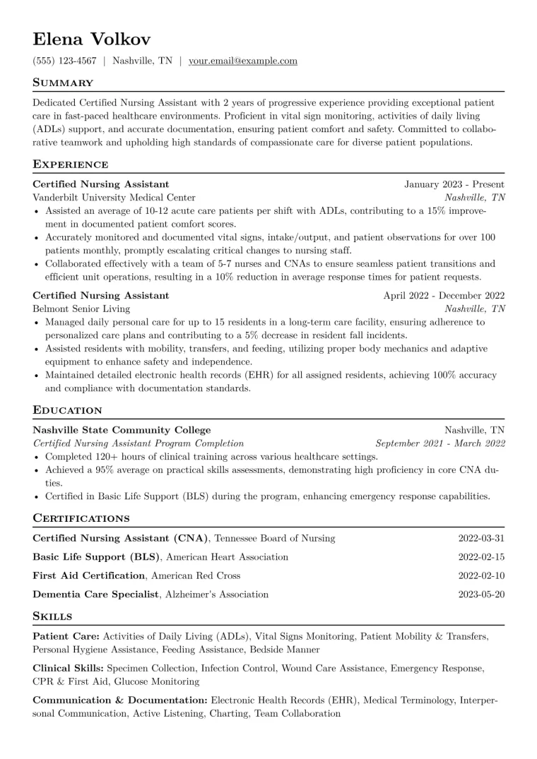 Certified Nursing Assistant Resume Example CV template preview