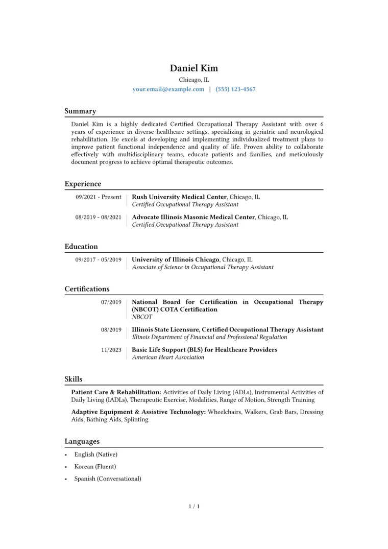 Certified Occupational Therapy Assistant Resume Example CV template preview