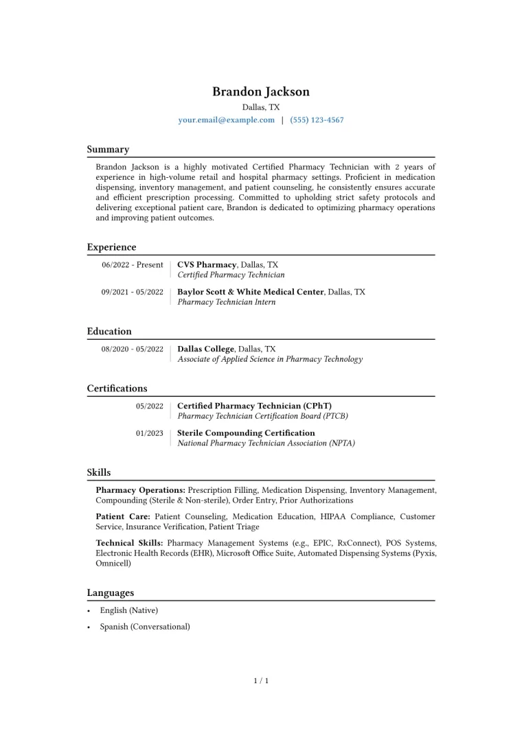 Certified Pharmacy Technician Resume Example CV template preview