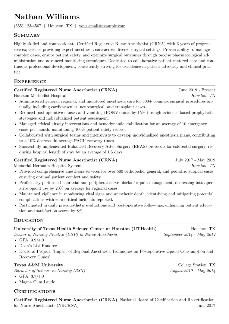 Certified Registered Nurse Anesthetist Resume Example CV template preview