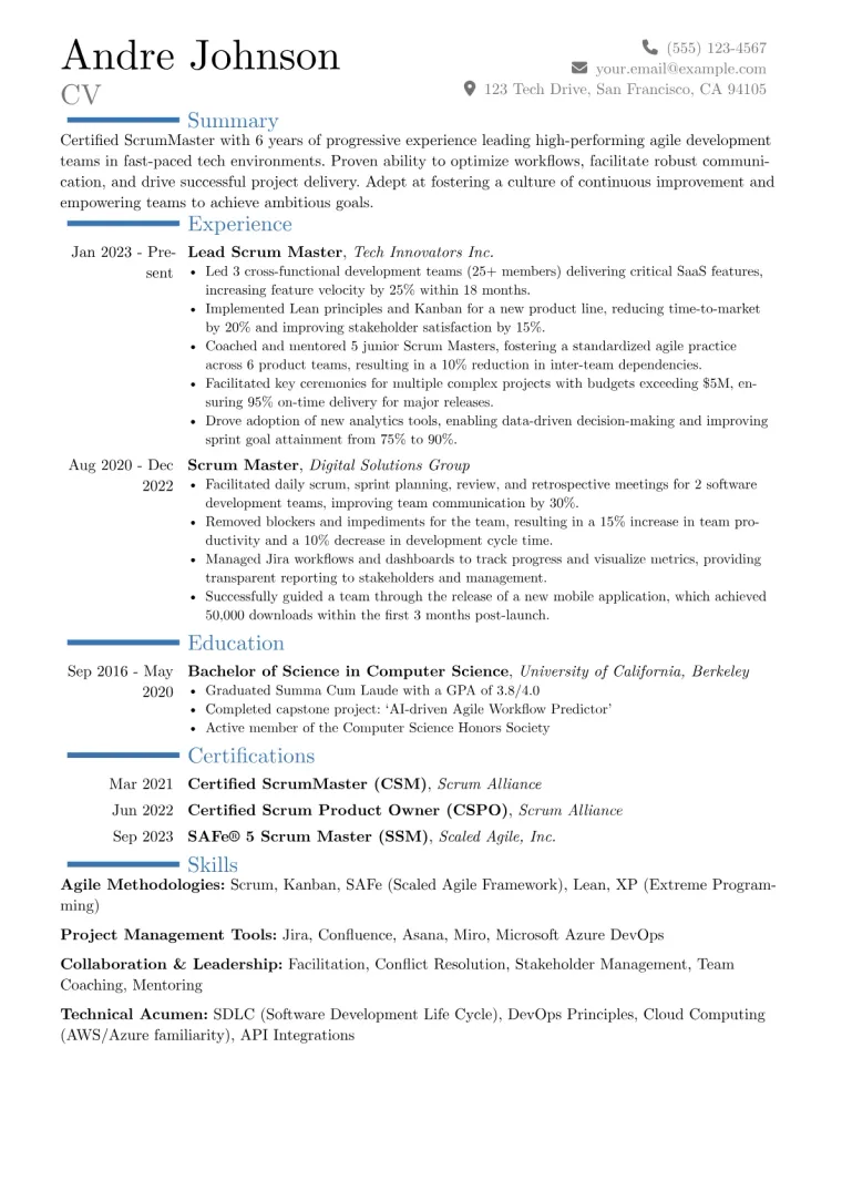 Certified ScrumMaster Resume Example CV template preview