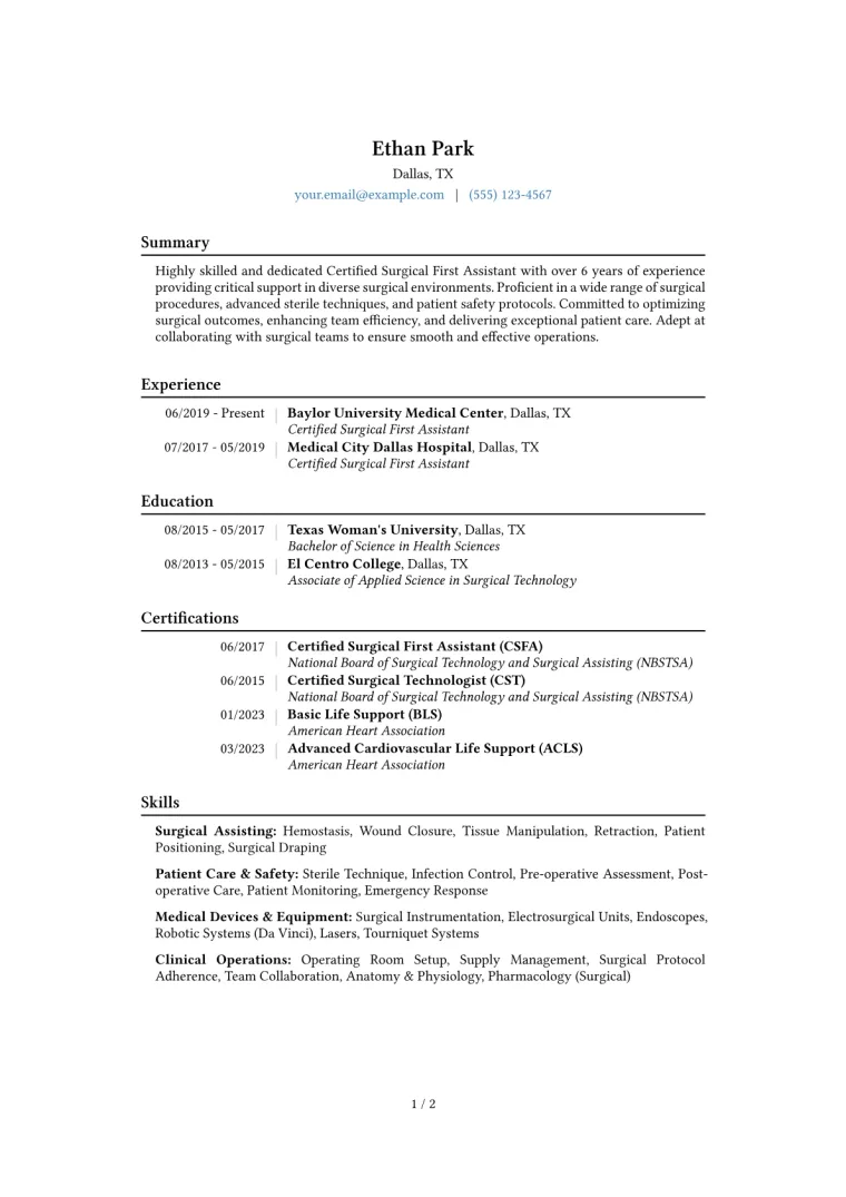 Certified Surgical First Assistant Resume Example CV template preview